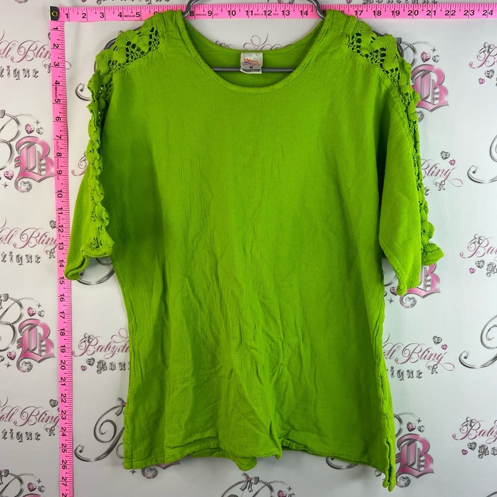 Manta del lago shirt Mexico bright Lime Green Crochet-Trim Short Sleeve Tee